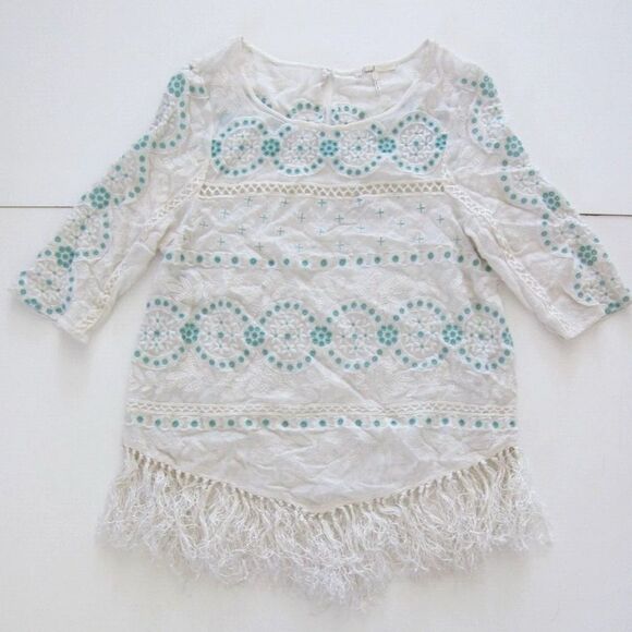 Floreat Anthropologie Cotton White Green Embroidered Fringe Tunic Blouse size 10 - Picture 1 of 9